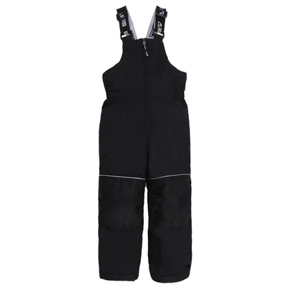 Habit de neige Simon - Nanö noir avec bretelles réglables à motifs blancs, pantalon isolant renforcé aux genoux, pour enfant, vue de face.