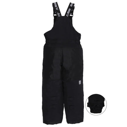 Habit de neige Simon - Nanö noir avec bretelles réglables, isolant chaud pour enfant, vue de face avec détail de la manchette ajustable.