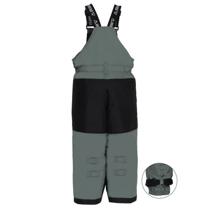 Habit de neige - Nanö gris vert et noir pour enfant, style salopette avec bretelles réglables, vue de face et détail des bas de pantalon ajustables.