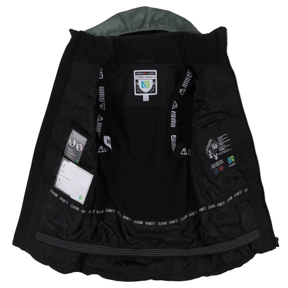 Habit de neige Antonin - Nanö noir et vert avec doublure intérieure noire, détails techniques visibles, vue intérieure, pour enfant