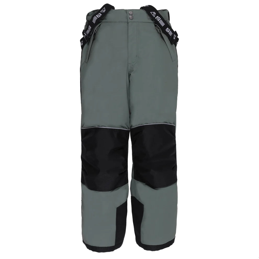 Habit de neige Antonin - Nanö pantalon enfants gris et noir, renforts genoux et bas, bretelles réglables, vue de face.