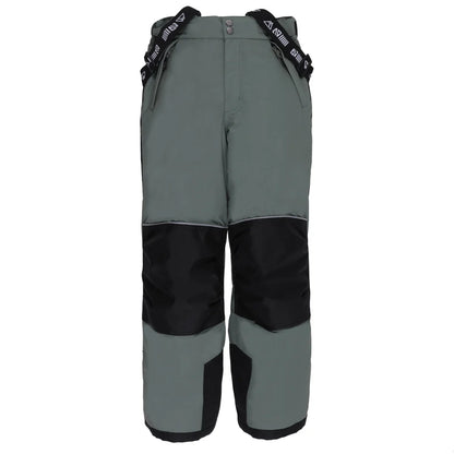 Habit de neige Antonin - Nanö pantalon enfants gris et noir, renforts genoux et bas, bretelles réglables, vue de face.