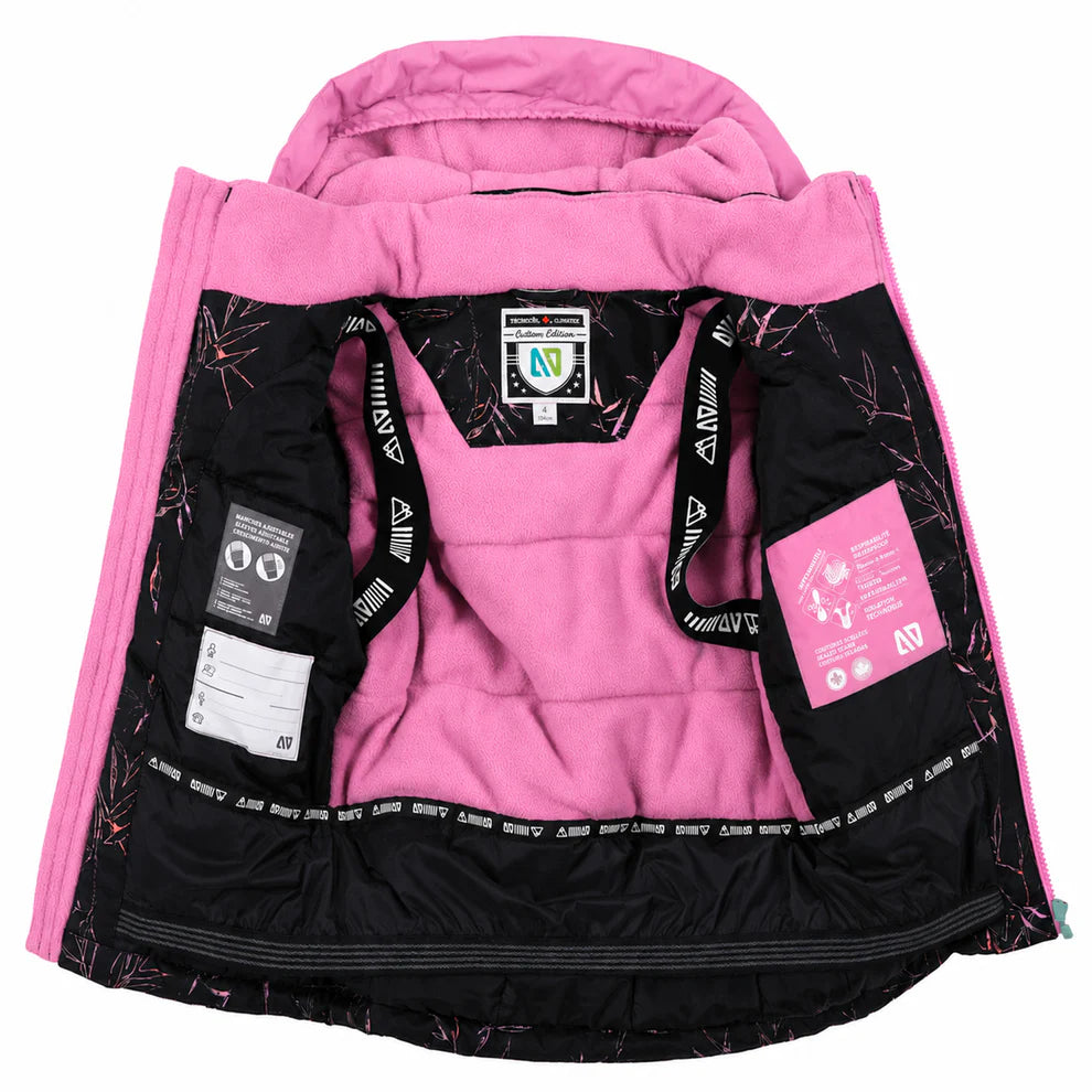 Habit de neige Melody - Nanö rose avec doublure intérieure polaire, motifs noirs et roses, pour enfant, vue détail intérieur ouvert.