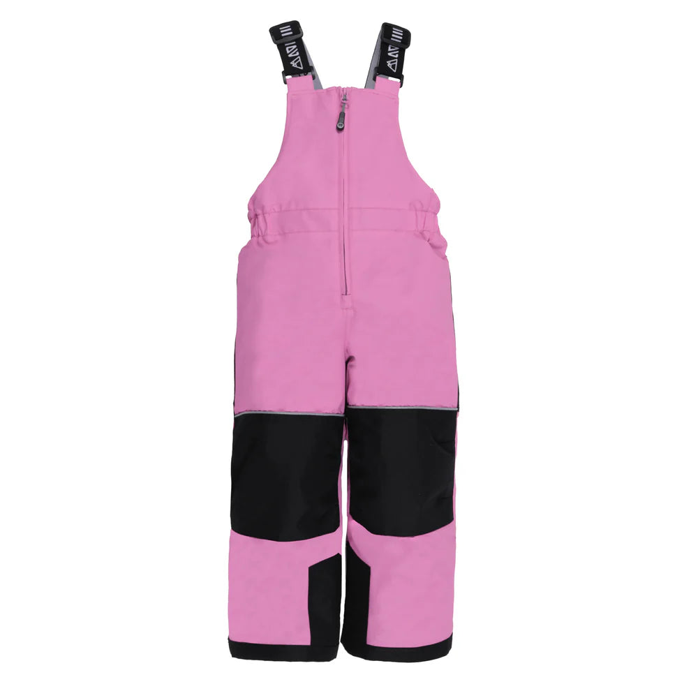 Habit de neige Melody - Nanö rose et noir pour enfant, salopette imperméable avec bretelles réglables, vue de face.