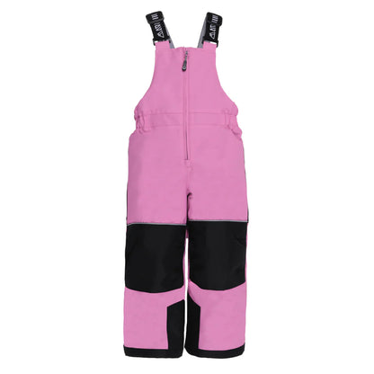 Habit de neige Melody - Nanö rose et noir pour enfant, salopette imperméable avec bretelles réglables, vue de face.