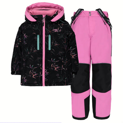 Habit de neige Melody - Nanö, ensemble noir et rose avec motifs graphiques, pantalon rose renforcé noir, pour enfant, vue de face sur mannequin absent.