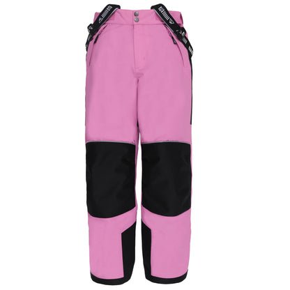 Pantalon de neige rose avec renforts noirs aux genoux et bas, taille ajustable avec bretelles, pour enfant, vue de face, Habit de neige Melody - Nanö.
