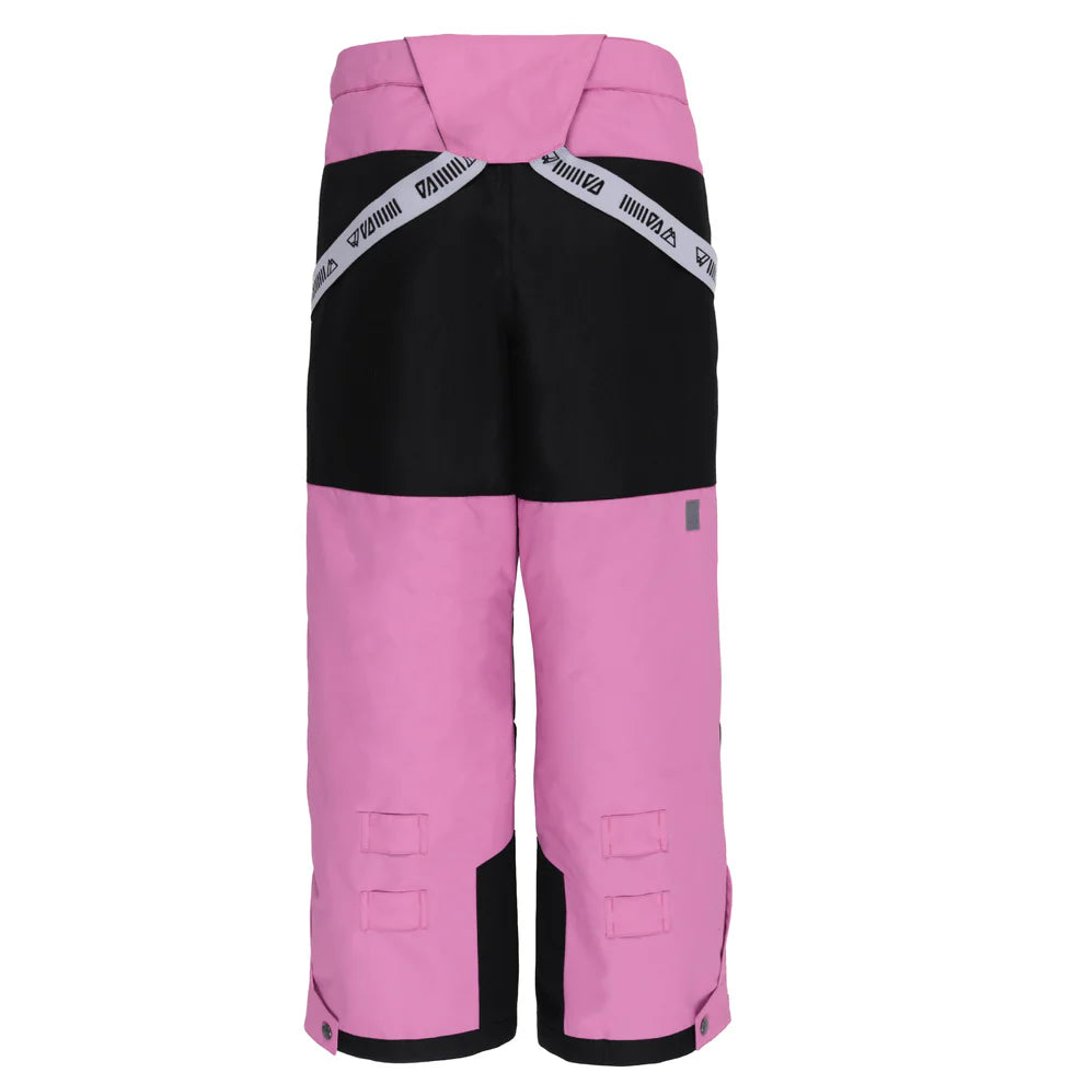 Pantalon de neige enfant rose et noir en polyester, modèle Habit de neige Melody - Nanö, vue de dos.