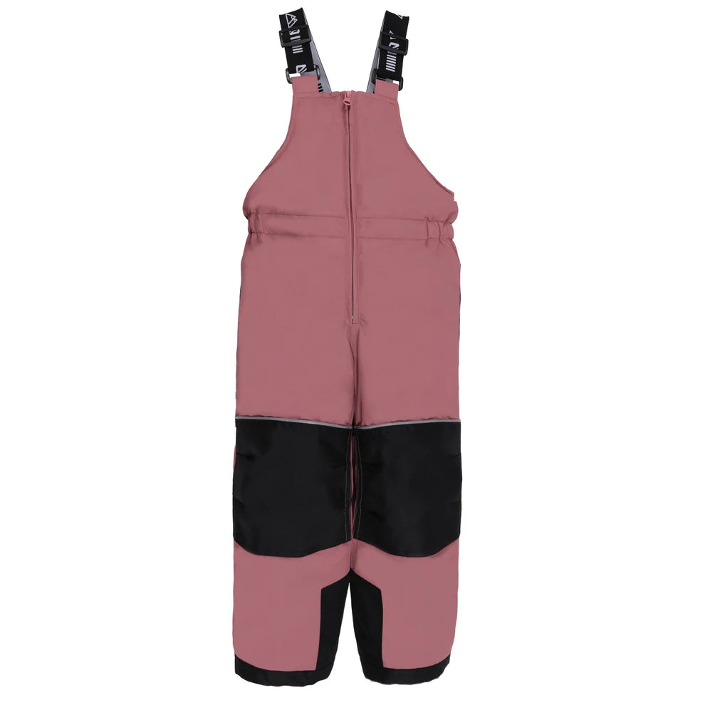 Habit de neige Tiffany - Nanö rose mauve avec renforts noirs, style salopette, pour enfant, vue de face sur fond blanc.