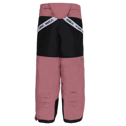 Pantalon de neige bicolore rose et noir pour enfant, avec bretelles élastiques blanches, modèle Habit de neige Lyanna - Nanö, vue de dos.