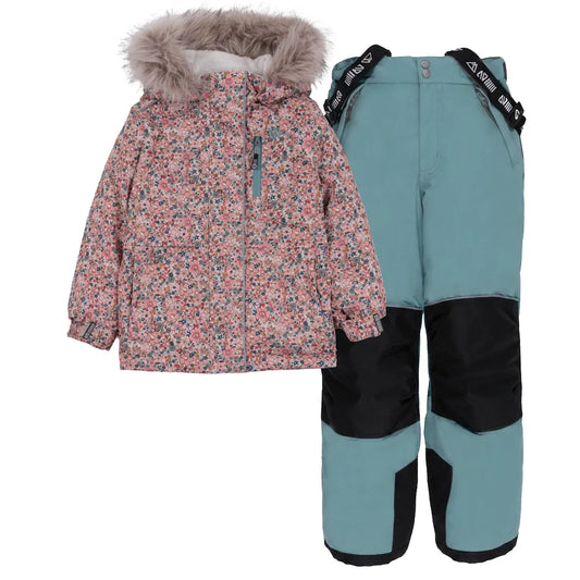 Habit de neige Romy - Nanö pour fille avec veste fleurie à capuchon bordé de fourrure et pantalon turquoise et noir vue de face