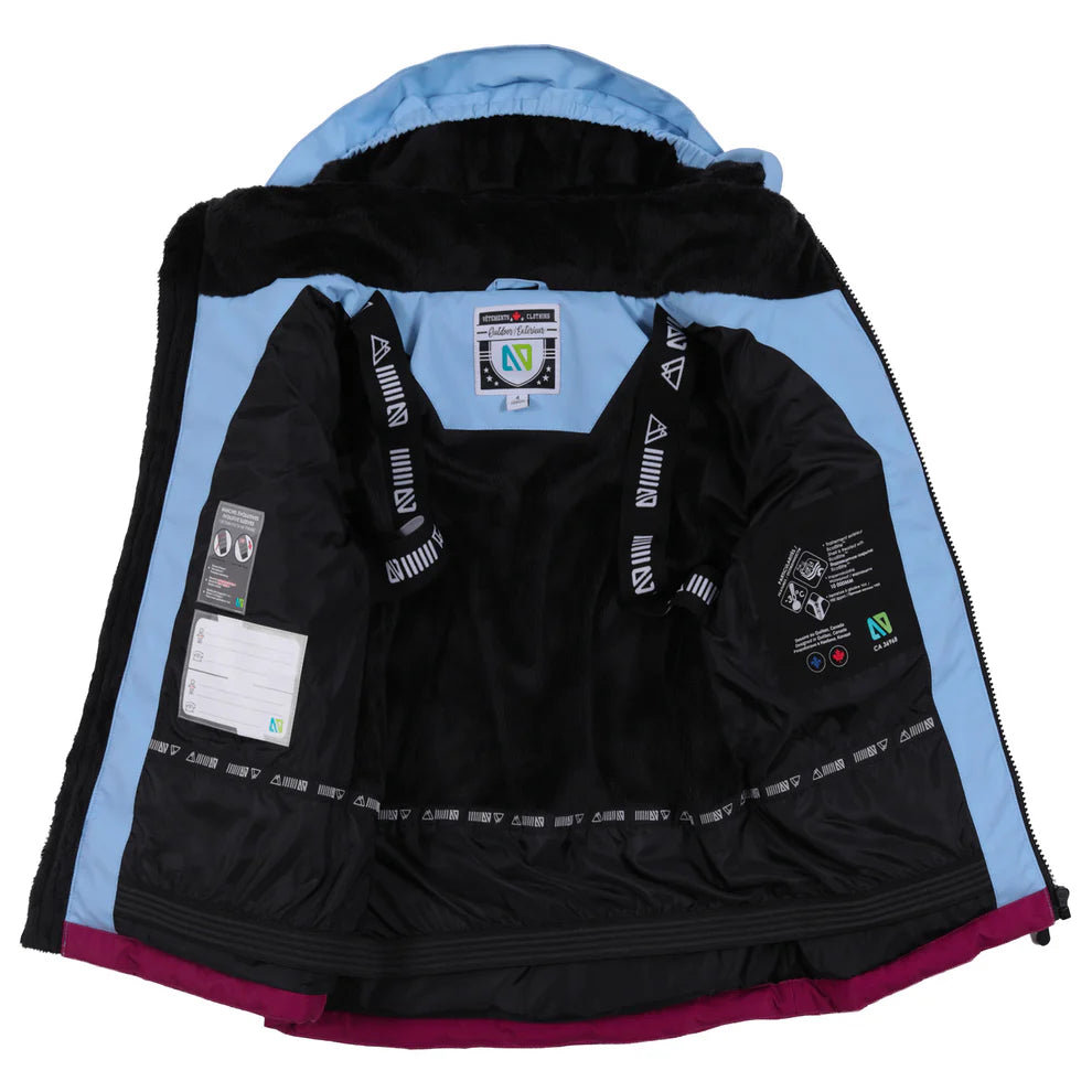 Habit de neige Anabel - Nanö avec intérieur en tissu polaire noir, membrane imperméable, couleur extérieure bleu clair et bordeaux, vue intérieure détaillée.
