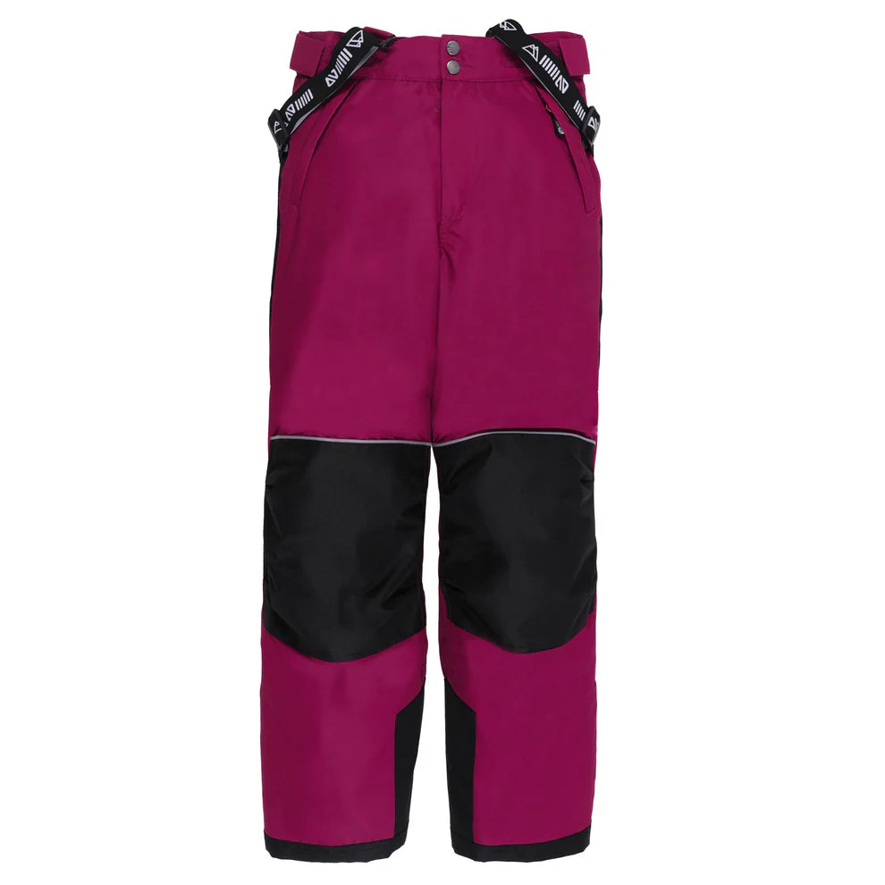 Habit de neige Anabel - Nanö, pantalon de neige bordeaux avec renforts noirs aux genoux et bas, pour enfant, vue de face.