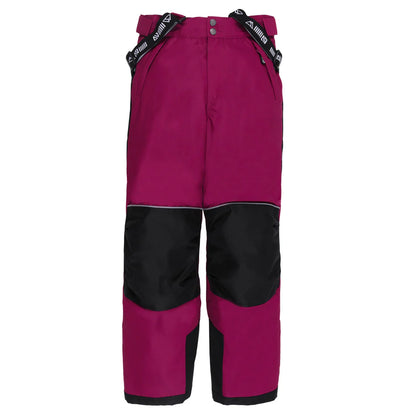 Habit de neige Anabel - Nanö, pantalon de neige bordeaux avec renforts noirs aux genoux et bas, pour enfant, vue de face.