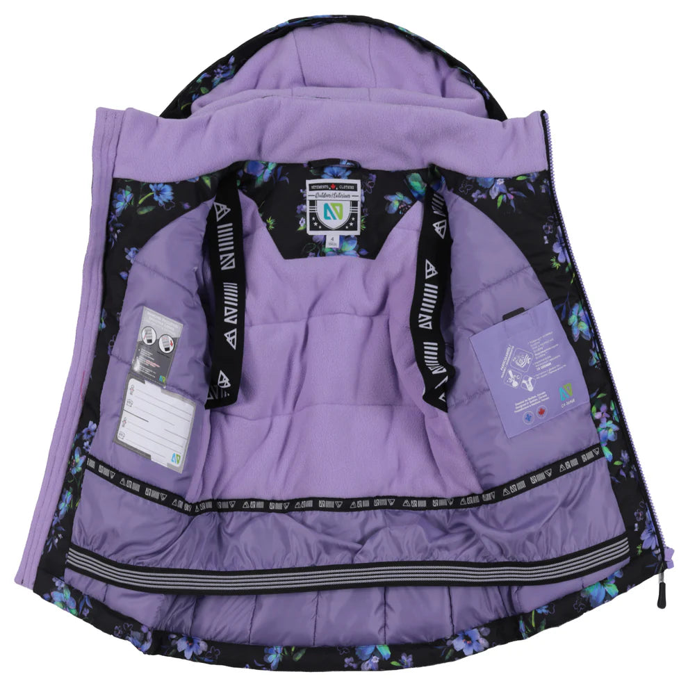 Habit de neige Lara - Nanö intérieur violet doux en polaire avec doublure noire à motifs floraux bleus et verts, pour enfant, vue intérieure ouverte