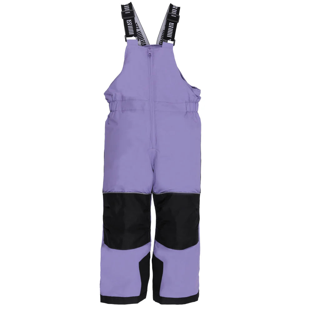 Habit de neige Lara - Nanö violet avec renforts noirs en tissu imperméable, style salopette, pour enfant, vue de face.