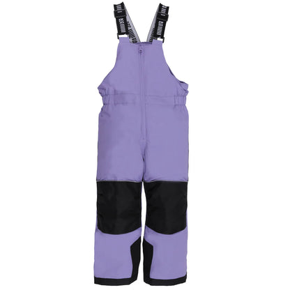 Habit de neige Lara - Nanö violet avec renforts noirs en tissu imperméable, style salopette, pour enfant, vue de face.