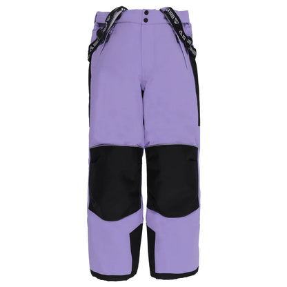 Habit de neige Lara - Nanö pantalon de neige violet et noir pour enfant, coupe droite avec bretelles réglables, vue de face.