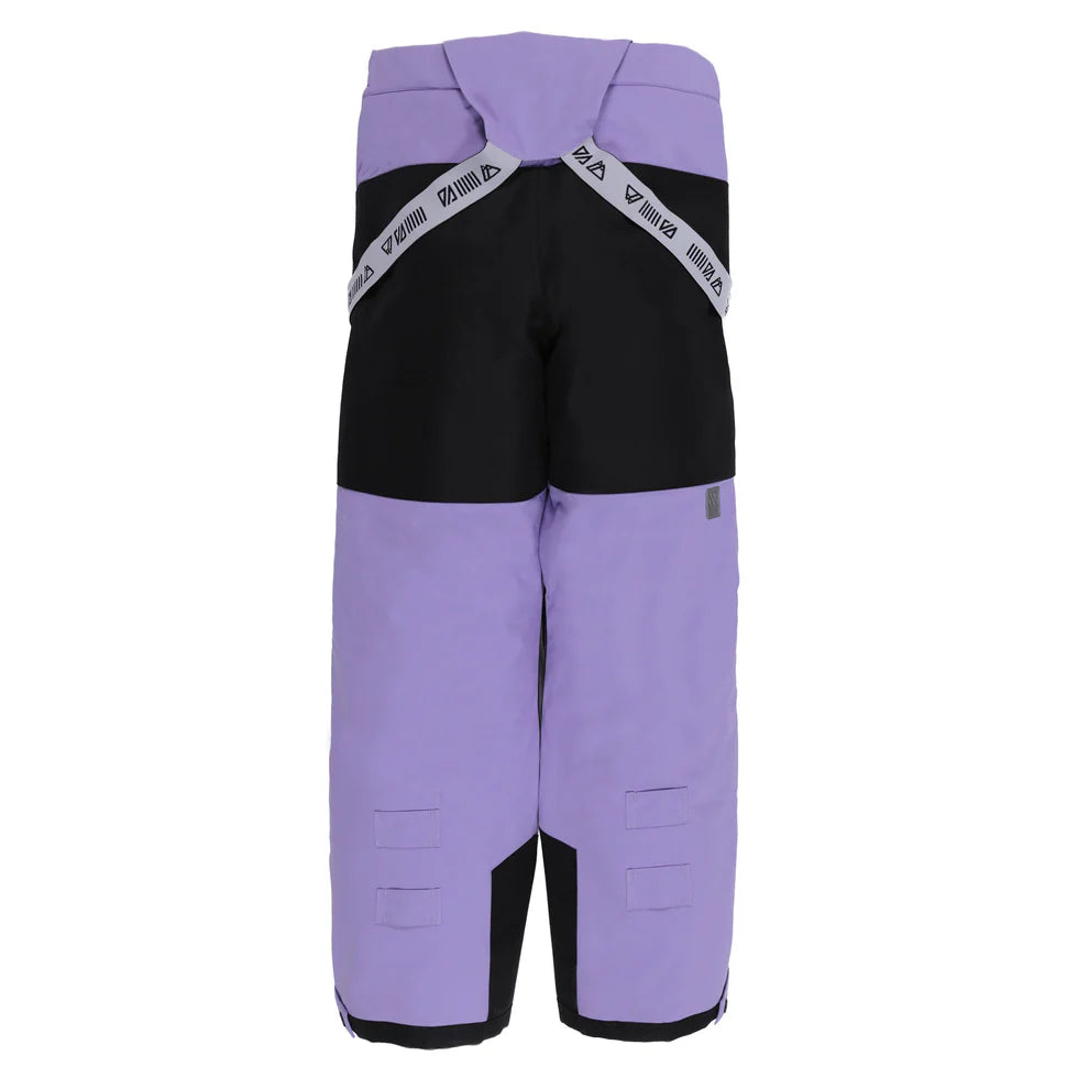 Pantalon de neige violet et noir en polyester pour enfant, vue de face, modèle Habit de neige Lara - Nanö.
