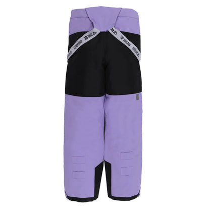 Pantalon de neige violet et noir en polyester pour enfant, vue de face, modèle Habit de neige Lara - Nanö.