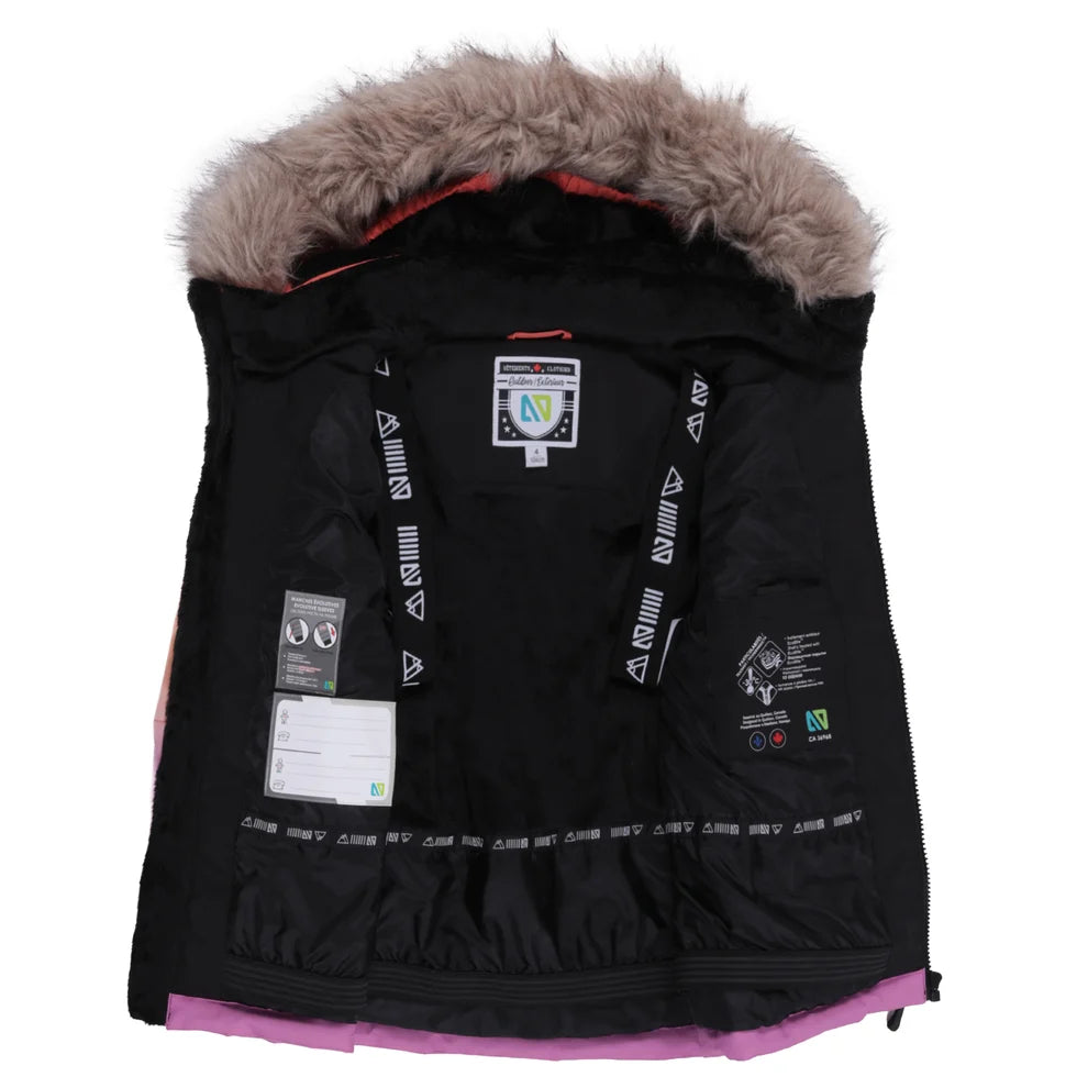 Habit de neige - Nanö violet avec intérieur noir et capuche bordée de fausse fourrure, pour enfant, vue intérieure ouverte.