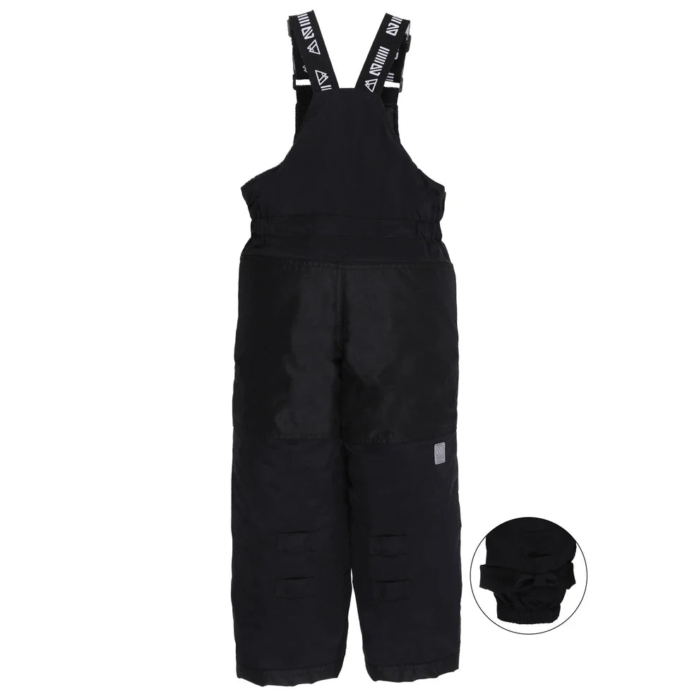 Habit de neige - Nanö noir avec bretelles réglables noires à logo blanc, en matériau imperméable, pour enfant, vue de face avec détail du masque assorti.