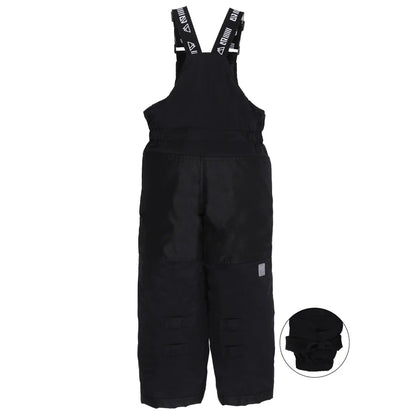 Habit de neige - Nanö noir avec bretelles réglables noires à logo blanc, en matériau imperméable, pour enfant, vue de face avec détail du masque assorti.