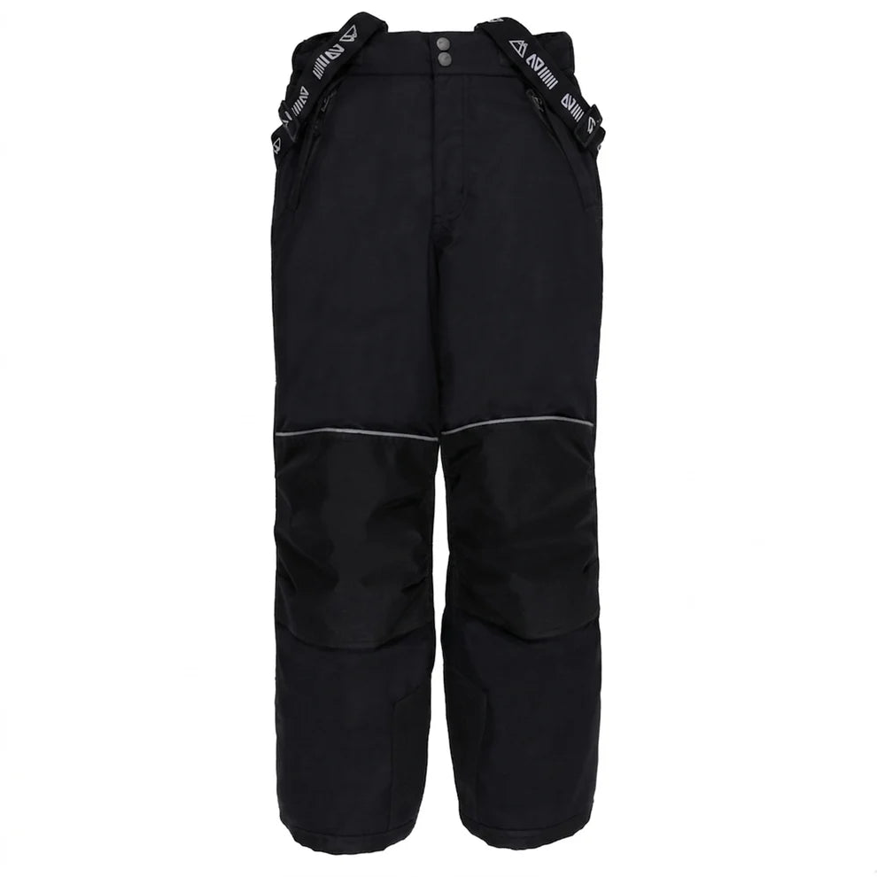 Habit de neige - Nanö noir avec renforts aux genoux, bretelles réglables, pour enfant, vue de face, en tissu imperméable.