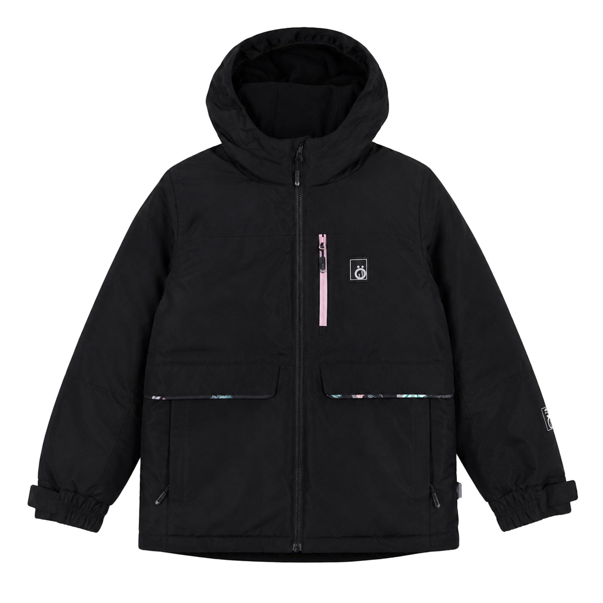 Manteau d'hiver - Snö noir avec poches zippées, capuche, détails roses et motifs discrets, pour enfant, vue de face.