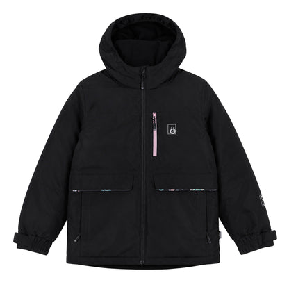 Manteau d'hiver - Snö noir avec poches zippées, capuche, détails roses et motifs discrets, pour enfant, vue de face.