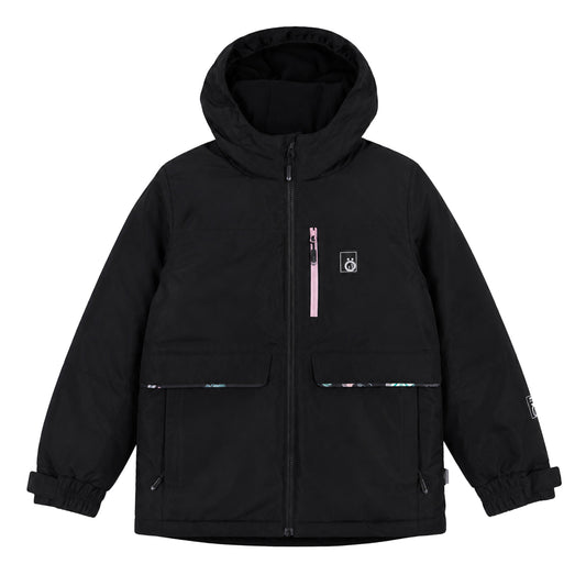 Manteau d'hiver - Snö noir avec poches zippées, capuche, détails roses et motifs discrets, pour enfant, vue de face.