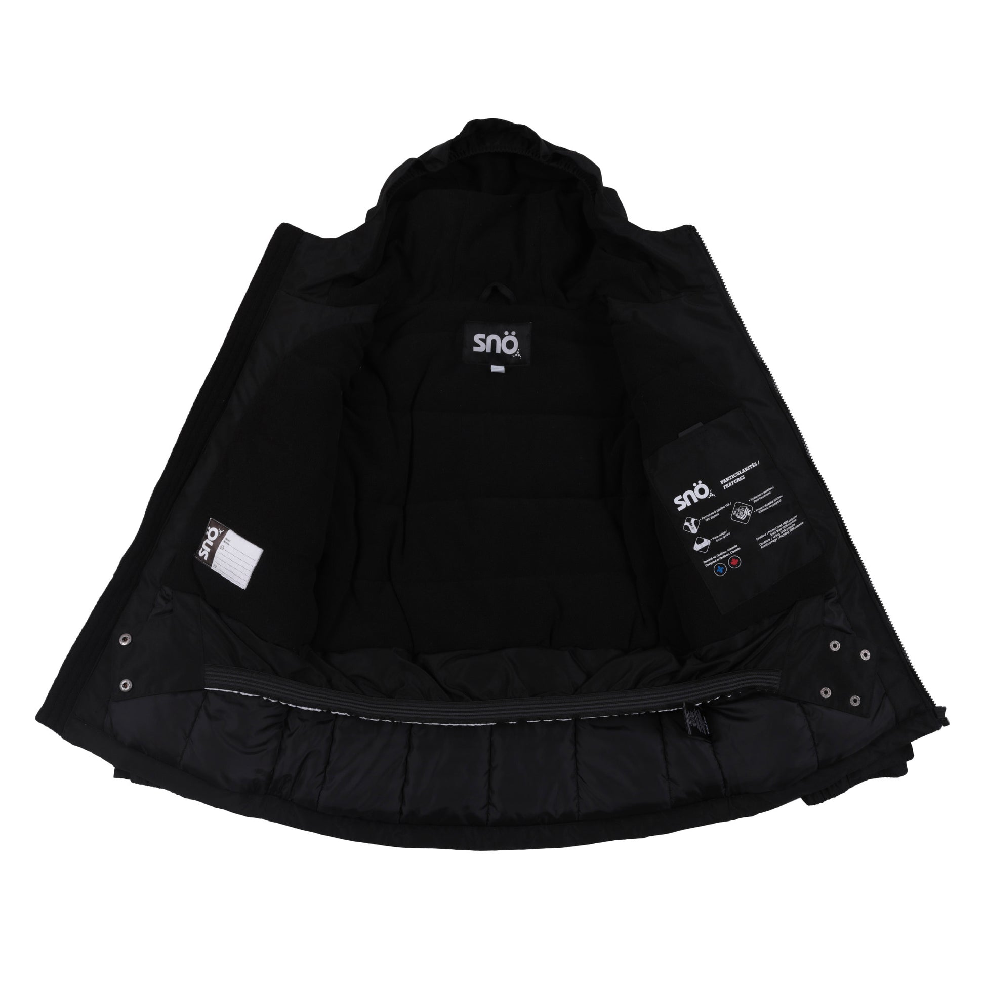 Manteau d'hiver - Snö noir ouvert montrant la doublure matelassée, intérieur avec poches et étiquette de taille, vue de face intérieure.