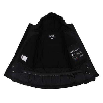 Manteau d'hiver - Snö noir ouvert montrant la doublure matelassée, intérieur avec poches et étiquette de taille, vue de face intérieure.
