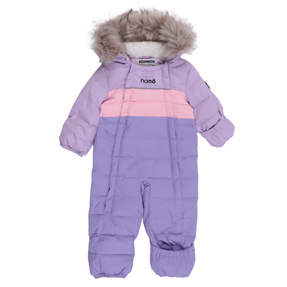 Habit de neige Lyvia - Nanö violet et rose avec capuche à fourrure synthétique, pour bébé, vue de face