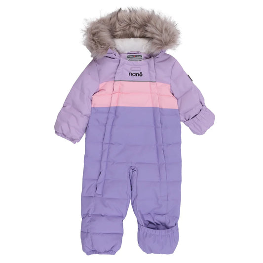 Habit de neige Lyvia - Nanö violet et rose avec capuche à fourrure synthétique, pour bébé, vue de face