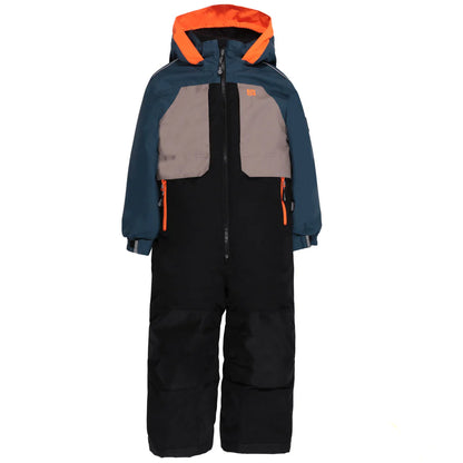 Habit de neige une pièce Edouard - Nanö, combinaison enfant multicolore bleu marine, gris, noir et orange, vue de face avec capuche.