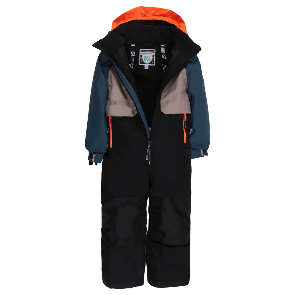 Habit de neige une pièce Edouard - Nanö, combinaison enfant tricolore avec capuche orange, manches bleues, partie centrale noir et gris, vue de face, isolation chaude.