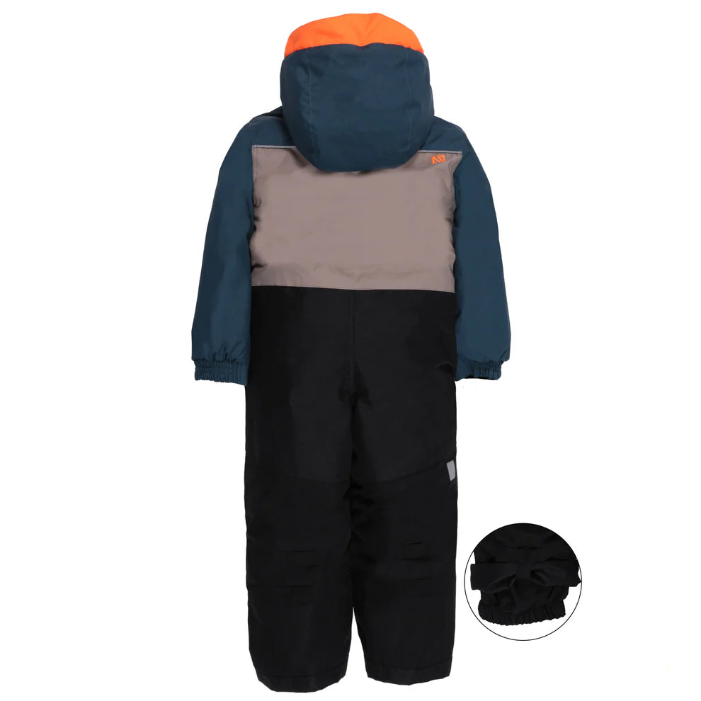 Habit de neige une pièce Edouard - Nanö pour enfant, vue de dos, avec couleurs bleu marine, gris, noir et capuche orange, en tissu imperméable robuste.