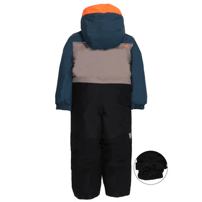 Habit de neige une pièce Edouard - Nanö pour enfant, vue de dos, avec couleurs bleu marine, gris, noir et capuche orange, en tissu imperméable robuste.