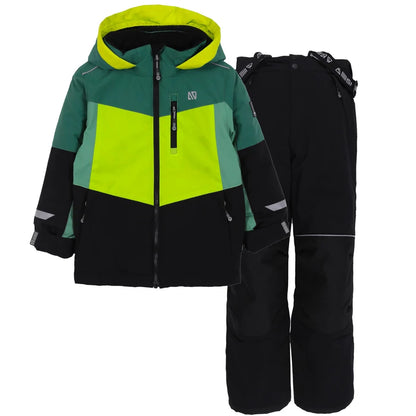 Habit de neige performance Mikael vert - Nanö, ensemble veste à capuche verte et noire avec détail jaune fluo et pantalon noir, pour enfant, vue de face posé.