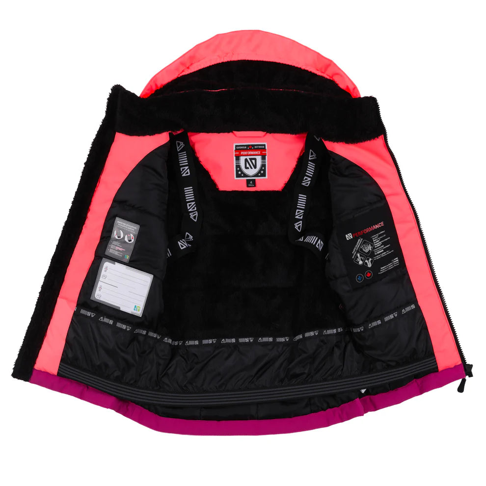Habit de neige Tiffany - Nanö pour enfant, intérieur en tissu noir doux avec doublure rose corail, vue détaillée de l’intérieur ouvert.