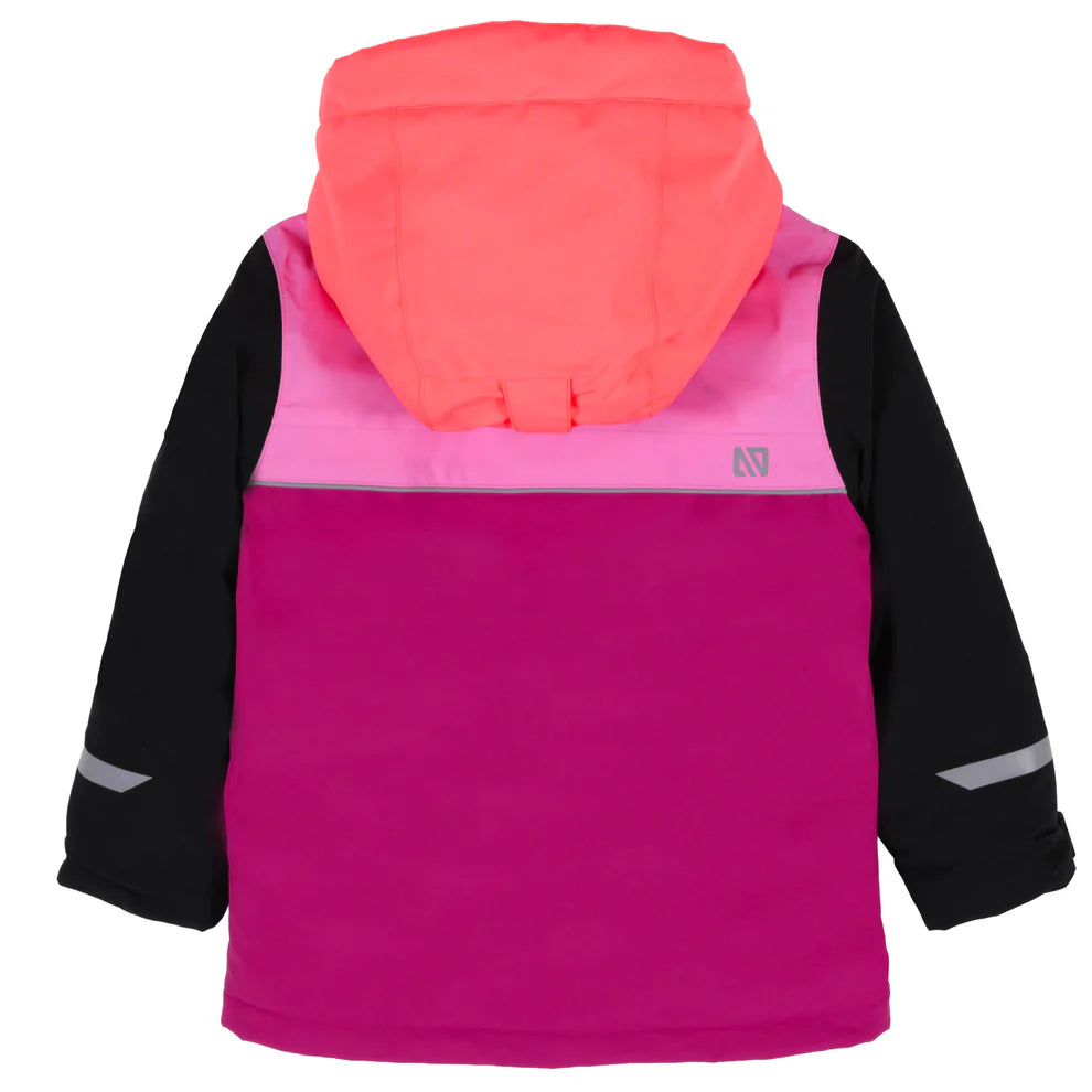 Habit de neige Tiffany - Nanö pour enfant fille, vue de dos, en tissu imperméable coloré rose foncé, rose clair, noir avec capuche corail.