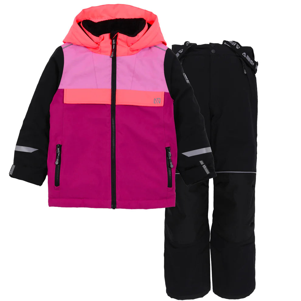 Habit de neige Tiffany - Nanö pour enfant, veste multicolore rose, fuchsia et corail avec manches noires, pantalon noir avec bretelles, vue de face