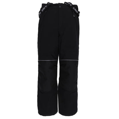 Pantalon de neige noir avec renforts aux genoux et bretelles ajustables, pour enfant, style fonctionnel, vue de face, Habit de neige Tiffany - Nanö.