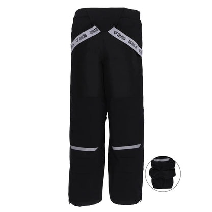Habit de neige Tiffany - Nanö noir avec bretelles blanches réglables, conçu pour enfant, vue de dos avec détail de l'ourlet ajustable.