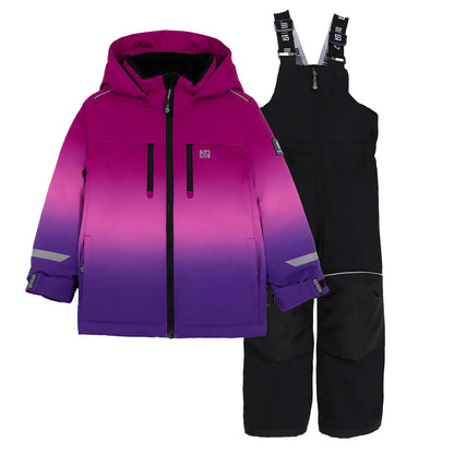 Habit de neige Brooklyn - Nanö, veste à capuche dégradé rose violet avec pantalon noir à bretelles, pour enfant, vue de face.