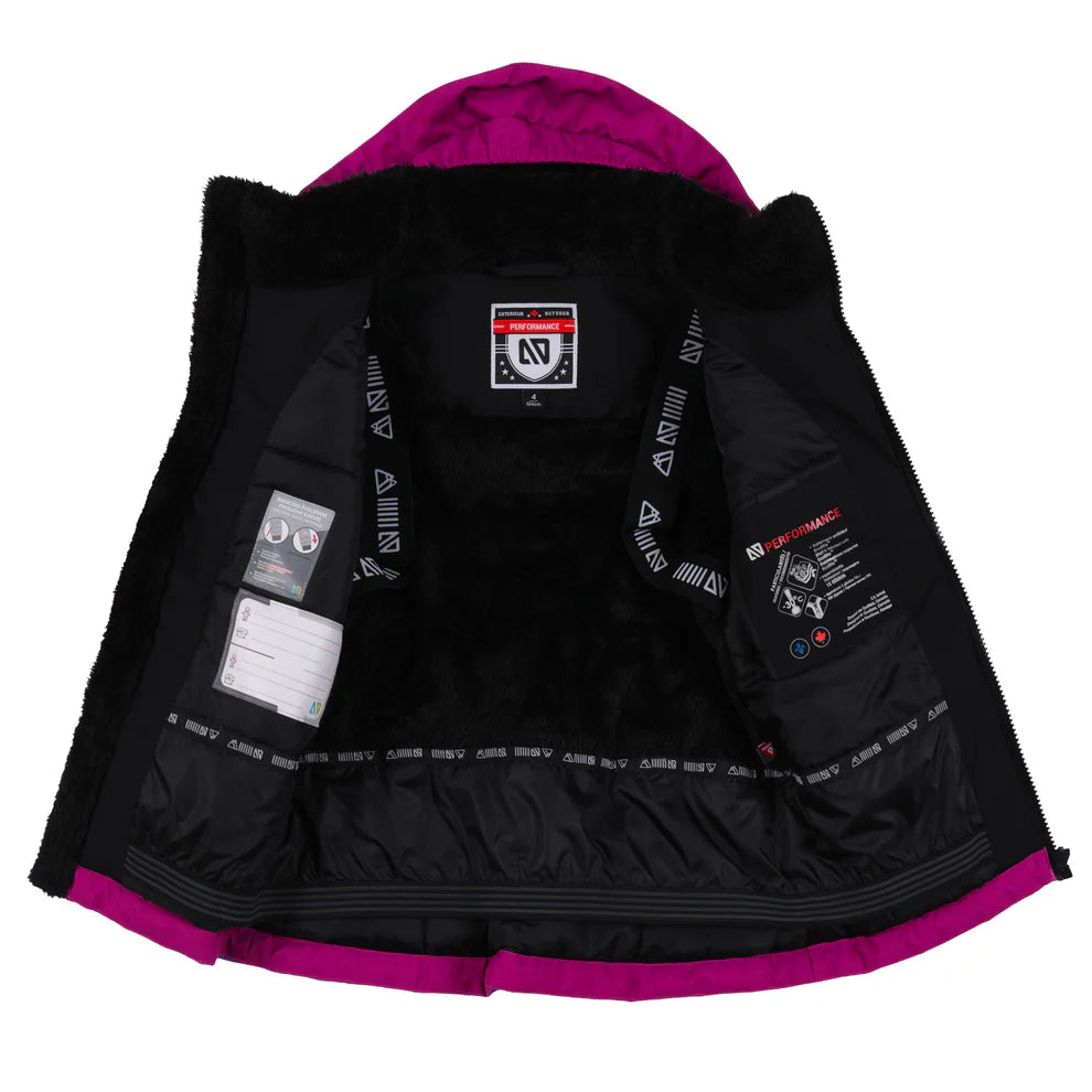 Habit de neige Brooklyn - Nanö violet avec doublure intérieure noire en tissu polaire, vue intérieure ouverte montrant les étiquettes et finitions, pour enfant.