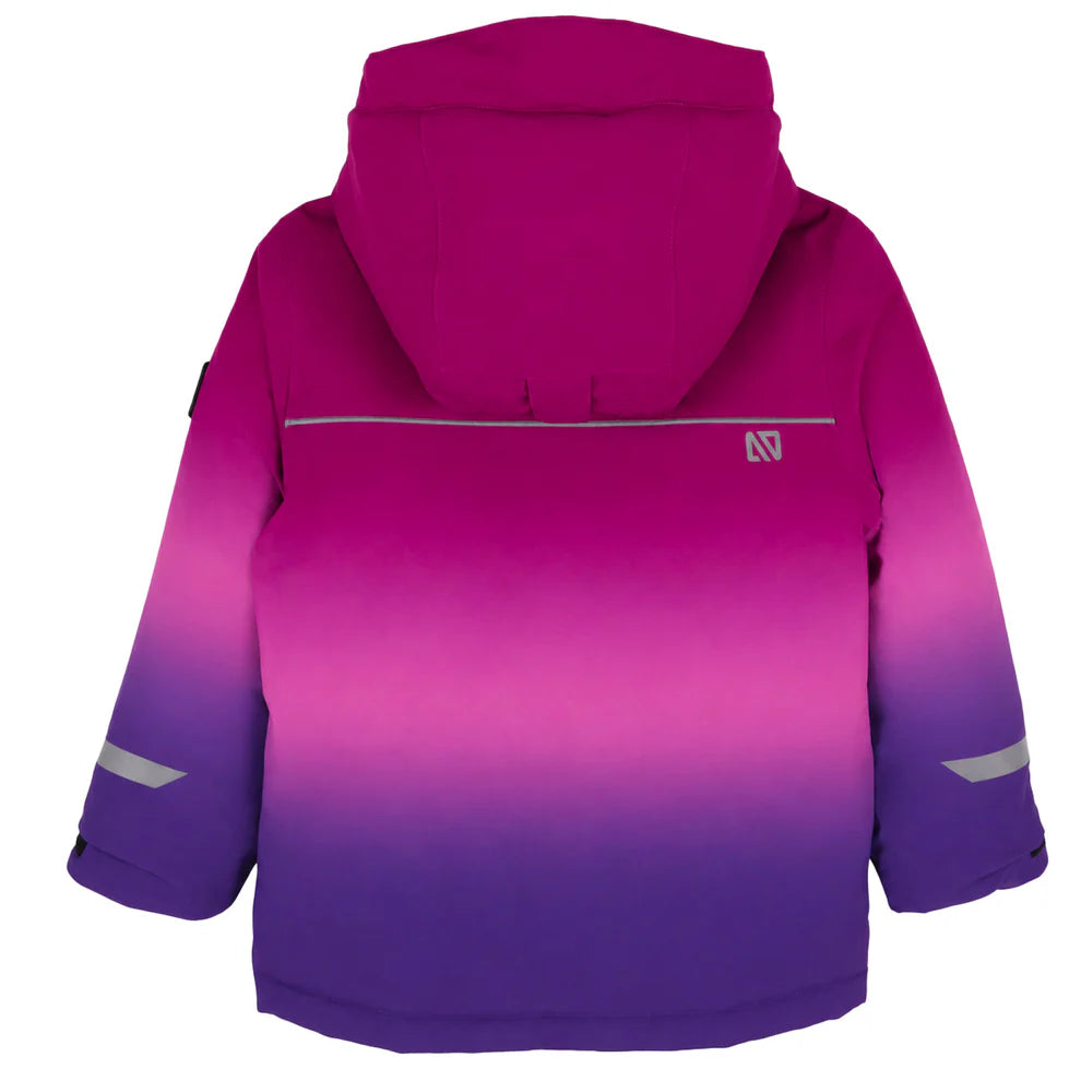 Habit de neige Brooklyn - Nanö en dégradé rose et violet avec capuche, matière isolante, pour enfant, vue de dos.