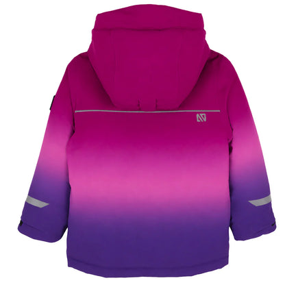 Habit de neige Brooklyn - Nanö en dégradé rose et violet avec capuche, matière isolante, pour enfant, vue de dos.