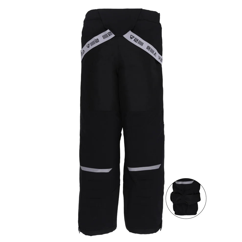 Pantalon noir imperméable avec bretelles grises, isolation thermique, pour enfant, vue de dos, détail resserrage bas de jambes, Habit de neige Brooklyn - Nanö.